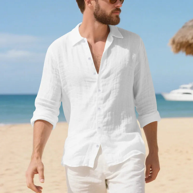 Linen casual shirt in loose American style with non-ironing fabric