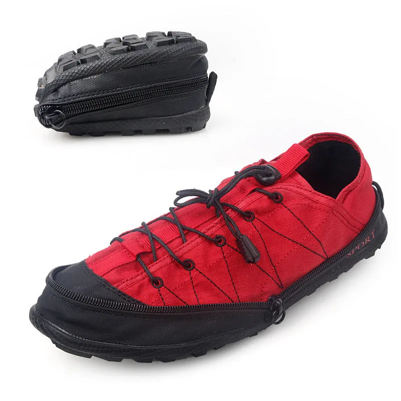Portable folding outdoor hiking shoes with side zip closure in orange, black, and grey colours
