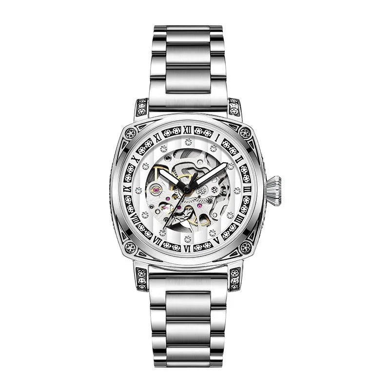 Leather strap mechanical watch with luminous hands showing black dial option