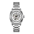 Leather strap mechanical watch with luminous hands showing black dial option