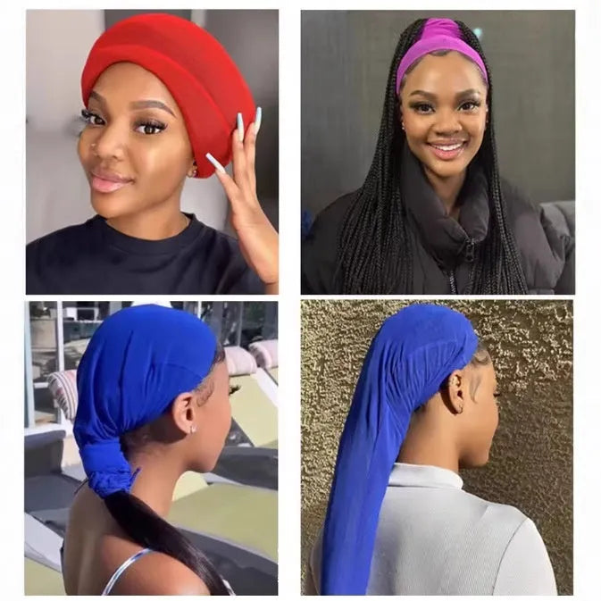 Elastic spandex wig mesh cap with oversleeve design shown in multiple colours including leopard print