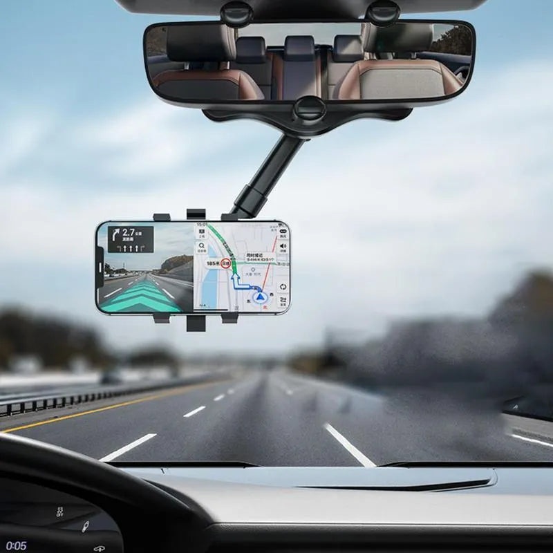 Black rearview mirror car phone holder showing 360-degree rotation and telescopic arm extension.