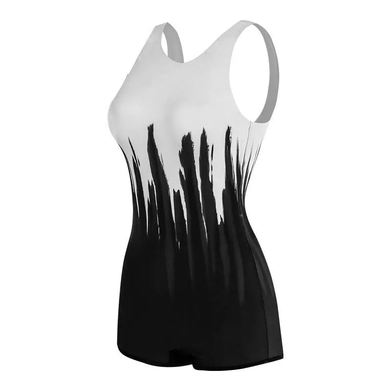 Black printed conservative one-piece ladies swimsuit with polyester construction shown on size chart