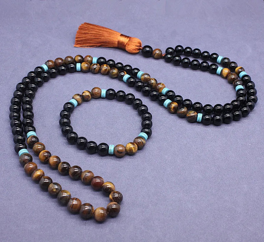 Natural agate and tiger's eye geometric bead jewellery set with necklace and bracelet