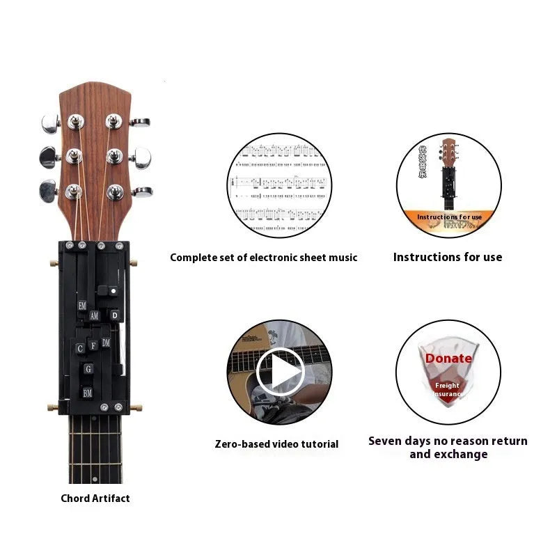 Black automatic chord changing device mounted on folk guitar neck for novice practice