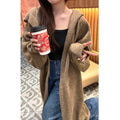Women's longline knitted hooded cardigan in brown, loose fit Korean casual style.