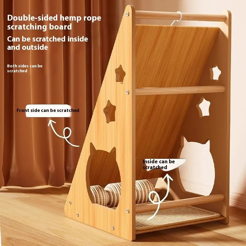 Vertical wall-mounted cat scratch board with sisal surface and hemp rope ball
