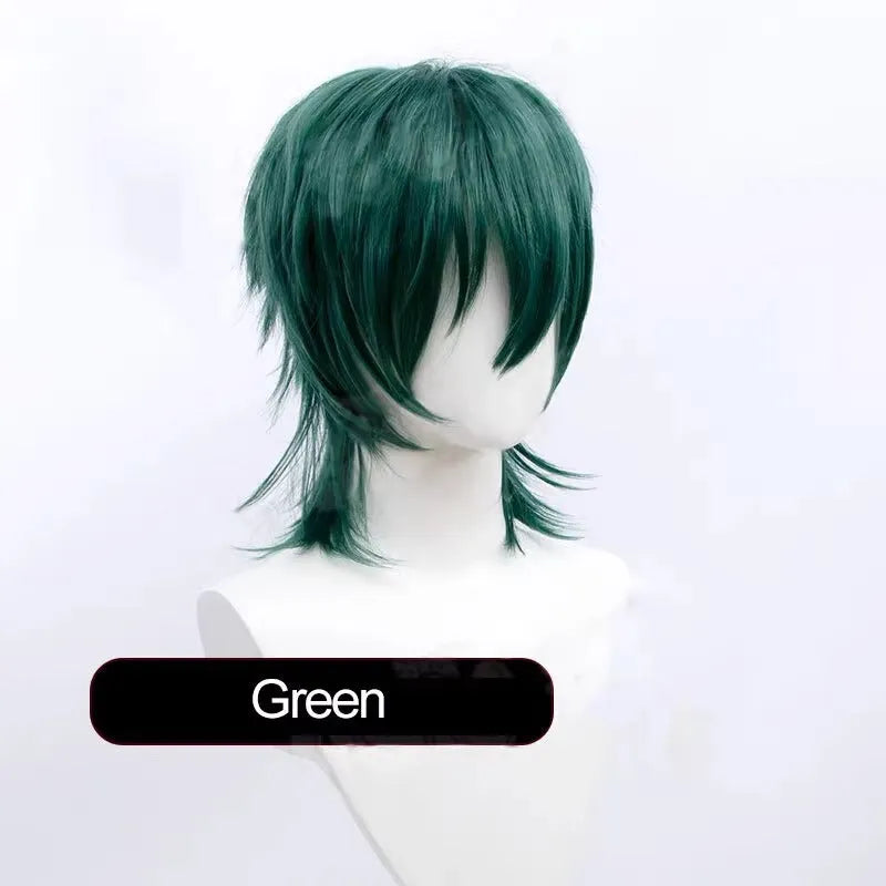 Men's short anime cosplay wig in multiple colours made from heat-resistant synthetic fibre