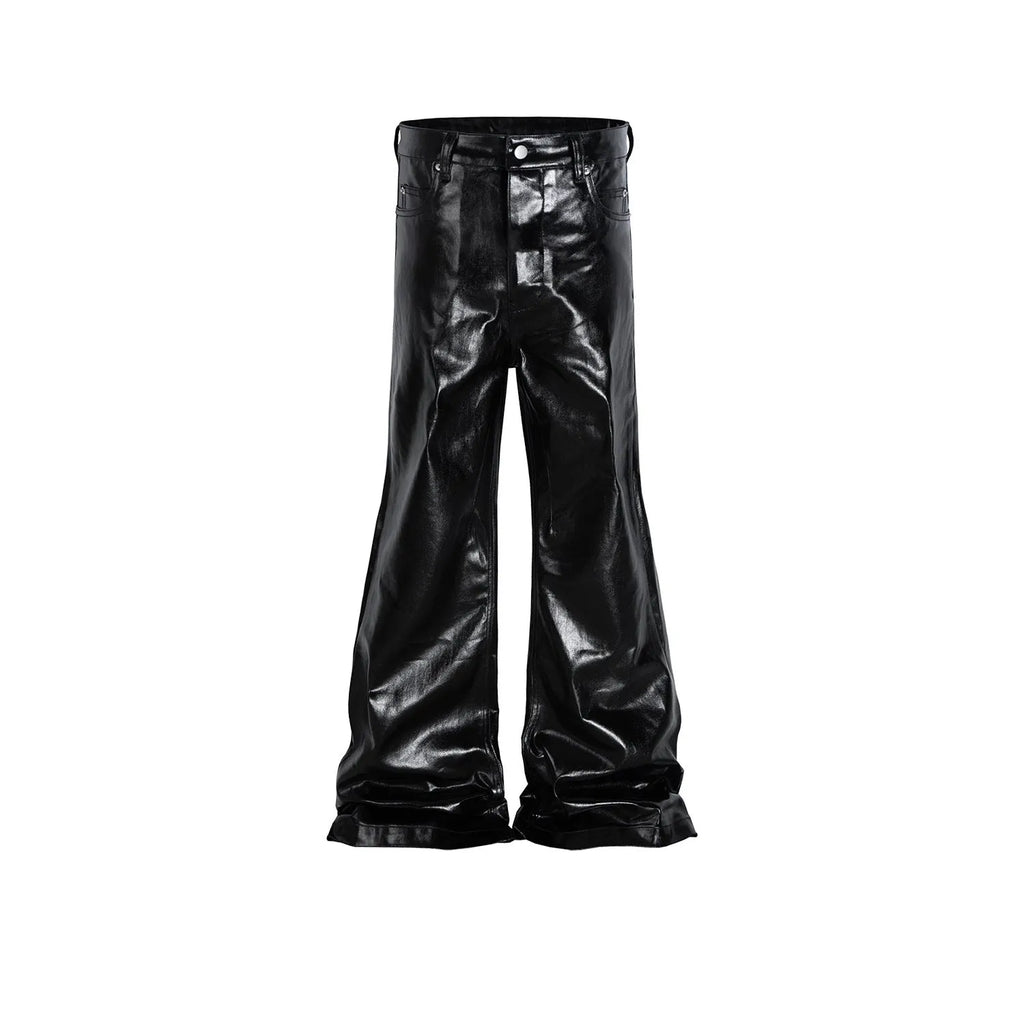 Black patent leather coated skinny jeans with straight-leg cut and mid waist design