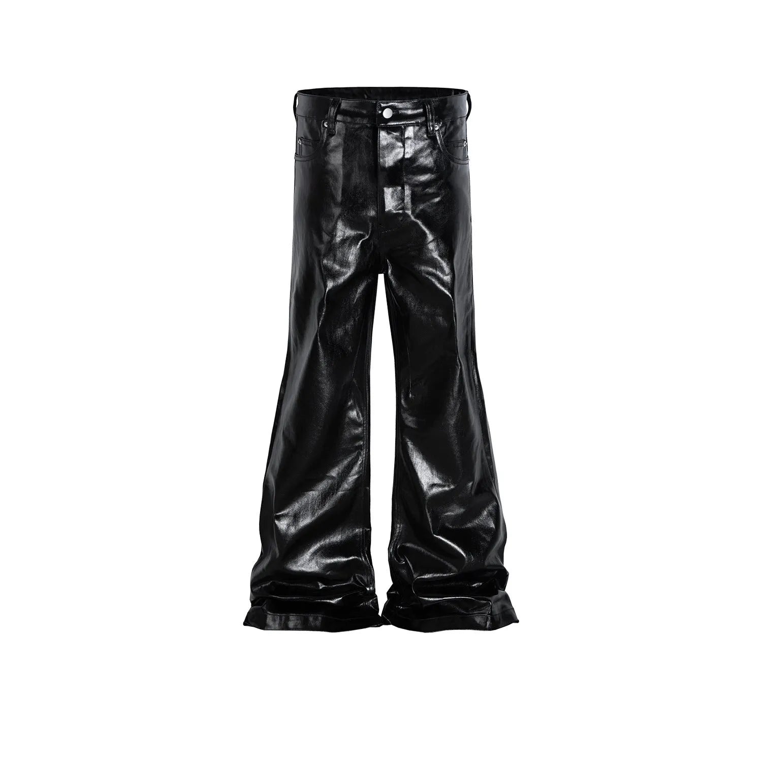 Black patent leather coated skinny jeans with straight-leg cut and mid waist design