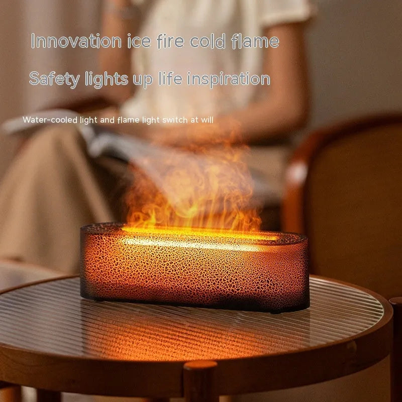 Square creative lava flame atmosphere humidifier and aroma diffuser with colourful LED lights on a desktop.