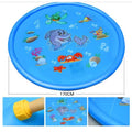 Blue PVC children's water spray mat with marine animal graphics, laid flat on grass.