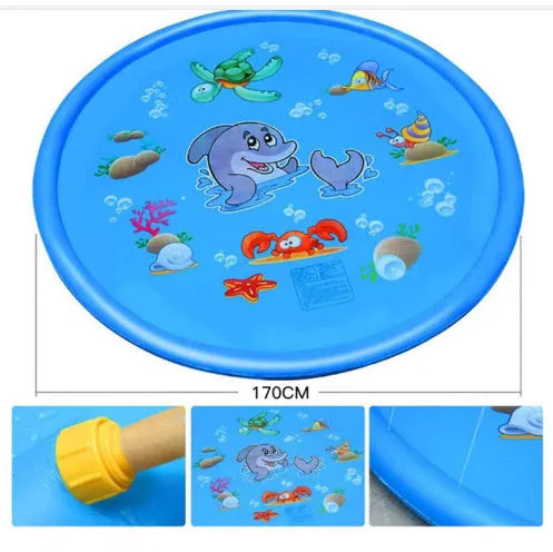 Blue PVC children's water spray mat with marine animal graphics, laid flat on grass.