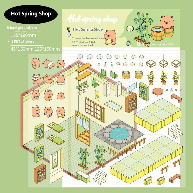Capabala cut-free PET cartoon stickers showing eight different scene designs including a pink restaurant and a blue fruit shop