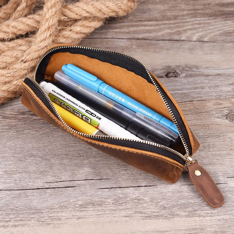 Handmade genuine cowhide leather pencil case in square design with zipper, showing brown colour option