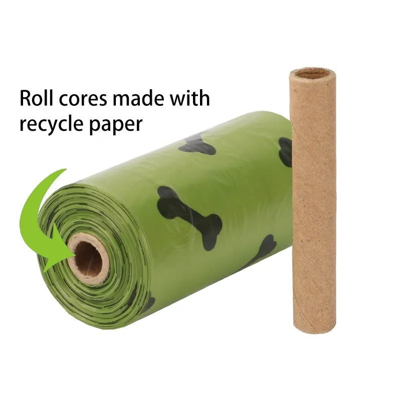 Military green degradable dog waste bags with black bone print measuring 23 by 33 centimetres