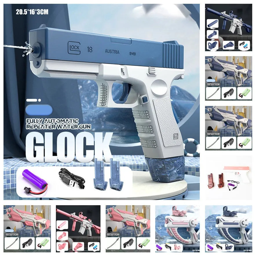 Blue electric Space Water Gun with USB charging cable, shown with water jet, for outdoor pool and beach play.