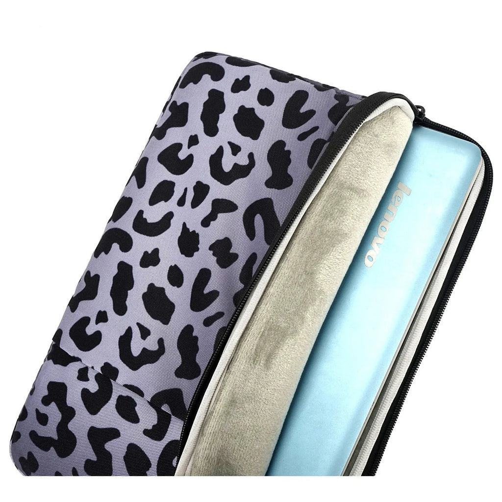 Leopard print laptop sleeve with flannel interior for 13-inch to 16-inch device protection