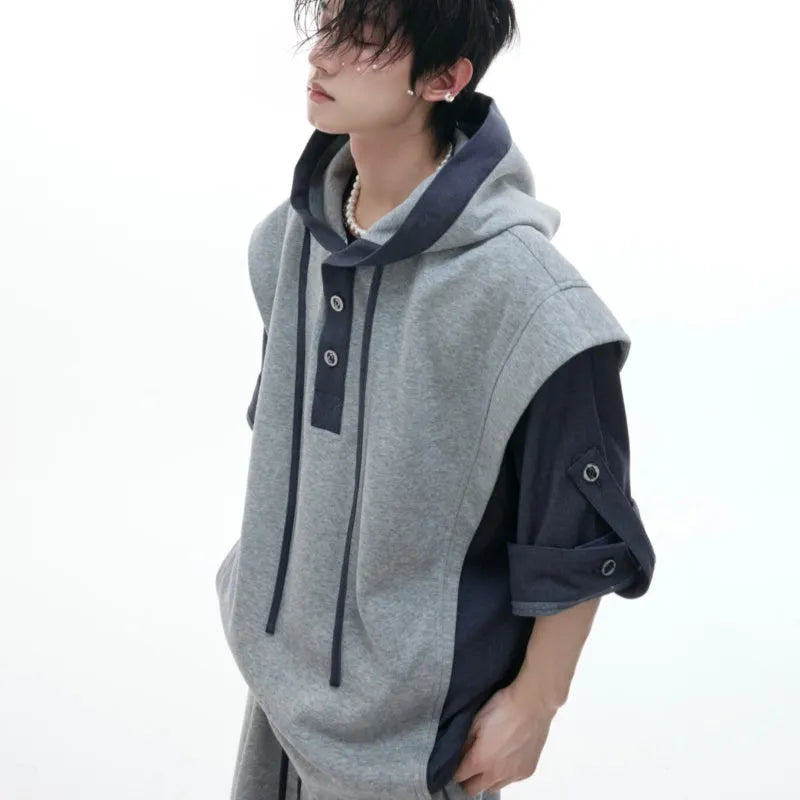 Men's hooded polyester sports leisure suit with three-dimensional stitching short sleeve jacket and matching trousers