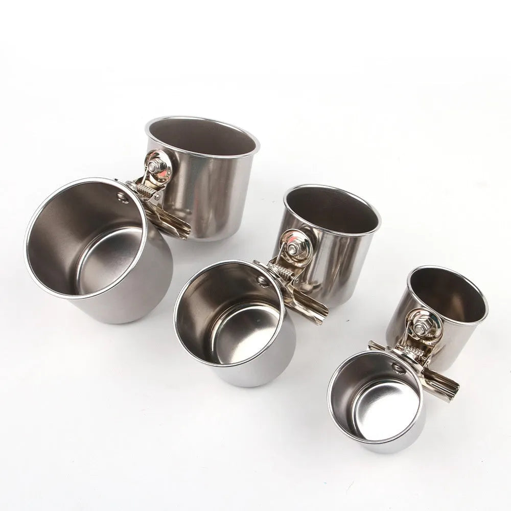 Stainless steel outdoor bird feeder for cages in natural metal colour.