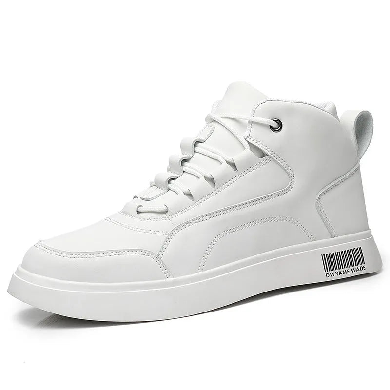 Men's white mid-top casual board shoes with round toe and rubber sole
