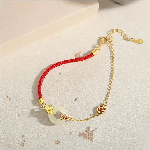 Koi Peace Buckle Hetian Jade Red Rope Bracelet with gold clasp on 925 silver