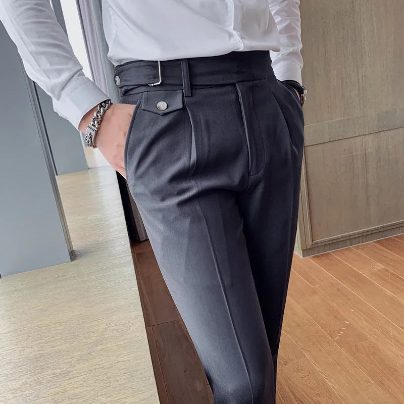 Men's straight-leg casual trousers in solid colours like black, grey, and khaki.