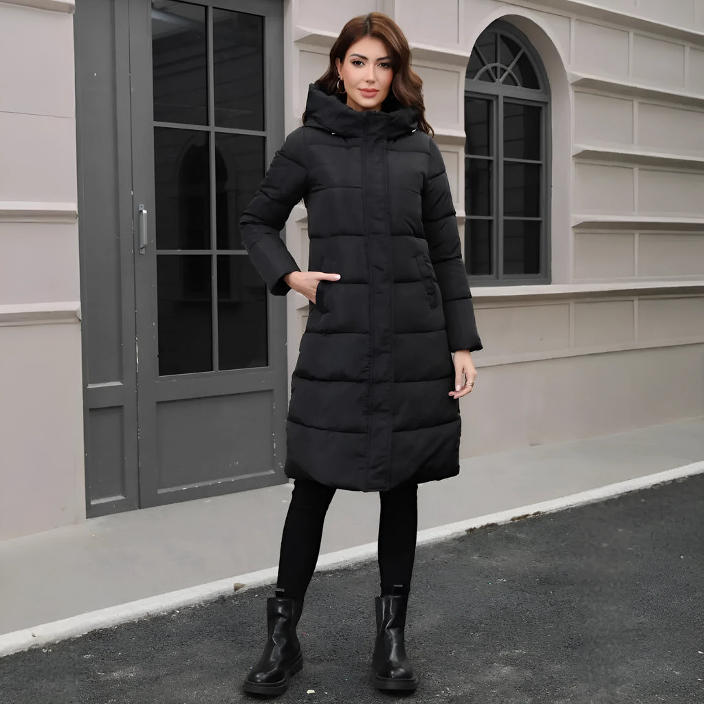 Black hooded cotton winter jacket with slim fit design and long sleeves