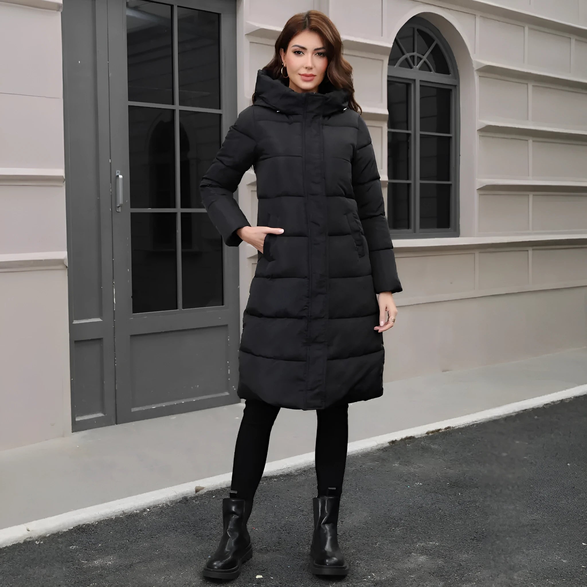 Black hooded cotton winter jacket with slim fit design and long sleeves