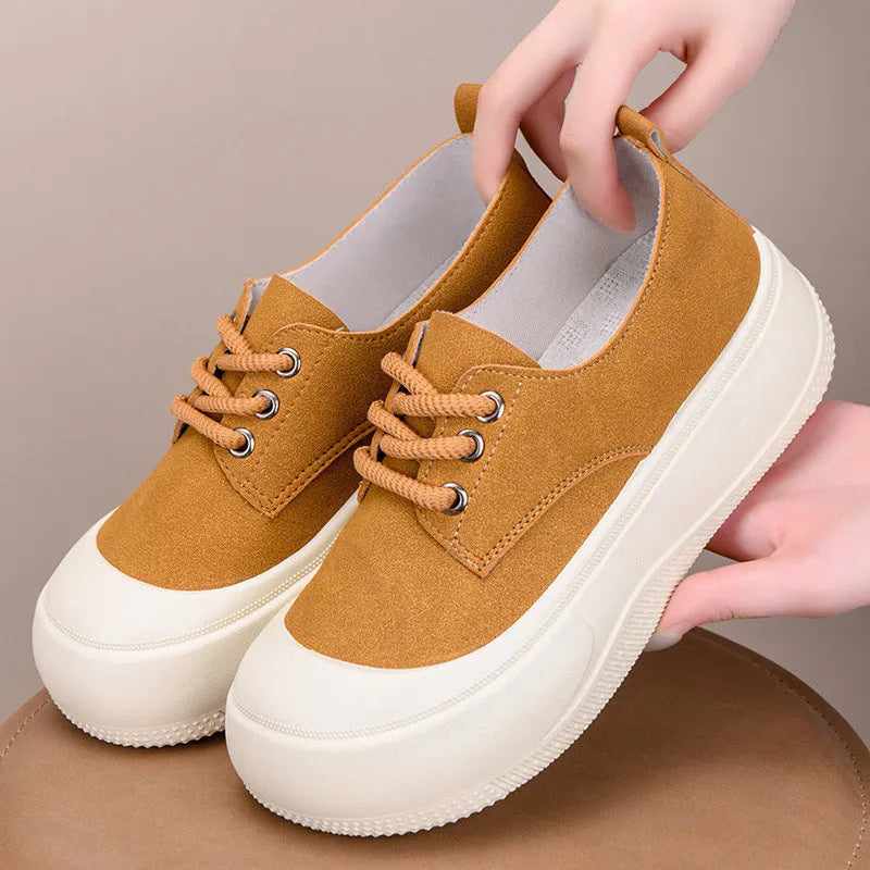 Women's camel suede platform loafers with 4CM height increase and round toe design