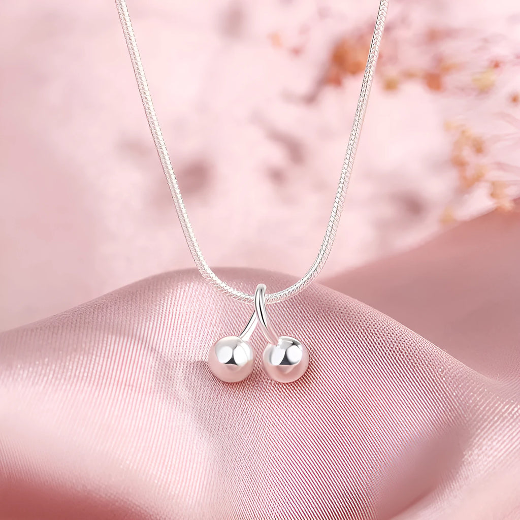 Sterling silver cherry necklace for women with adjustable snake chain and Korean style pendant