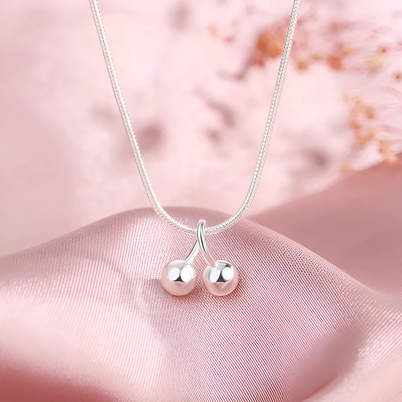 Sterling silver cherry necklace for women with adjustable snake chain and Korean style pendant