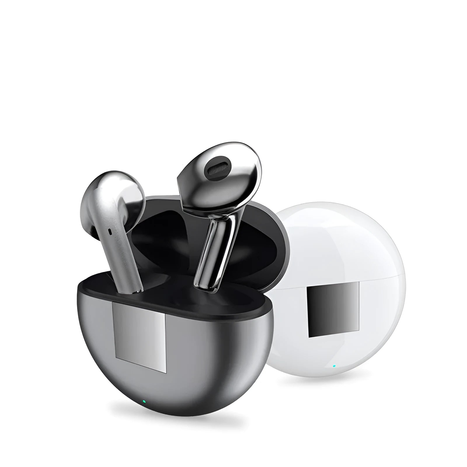 White Bluetooth Budz5 semi-in-ear wireless headphones with their matching charging case on a table.
