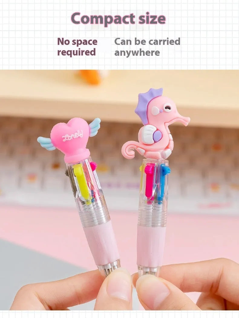 Four-colour press-action ballpoint pen with cartoon designs and 0.7mm bullet tip
