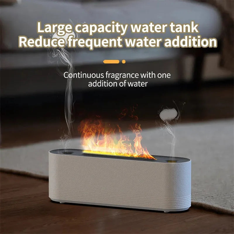 Black and white ultrasonic humidifier with flame LED lights and water mist output