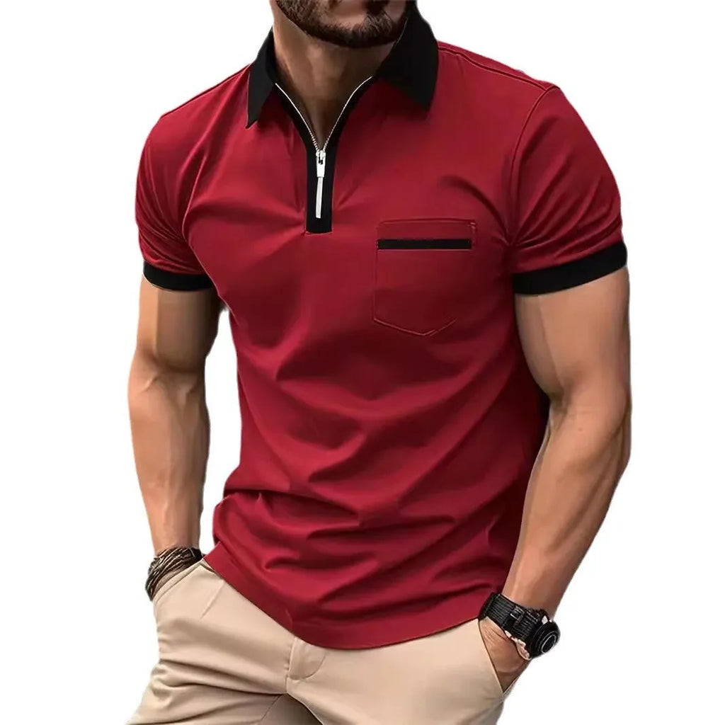 Men's casual short sleeve shirt with chest pocket and zip decorations in multiple colour options