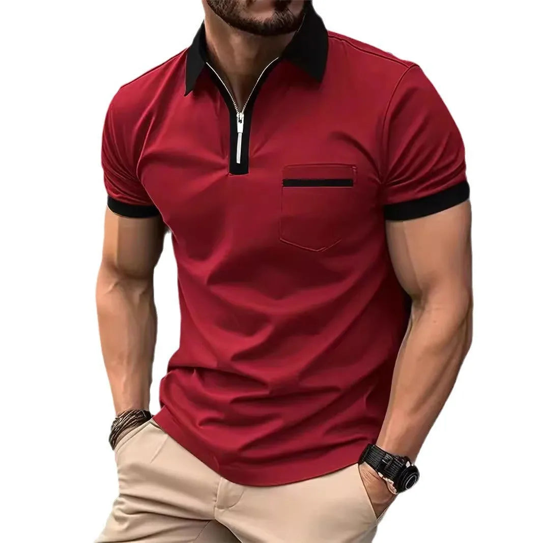 Men's casual short sleeve shirt with chest pocket and zip decorations in multiple colour options
