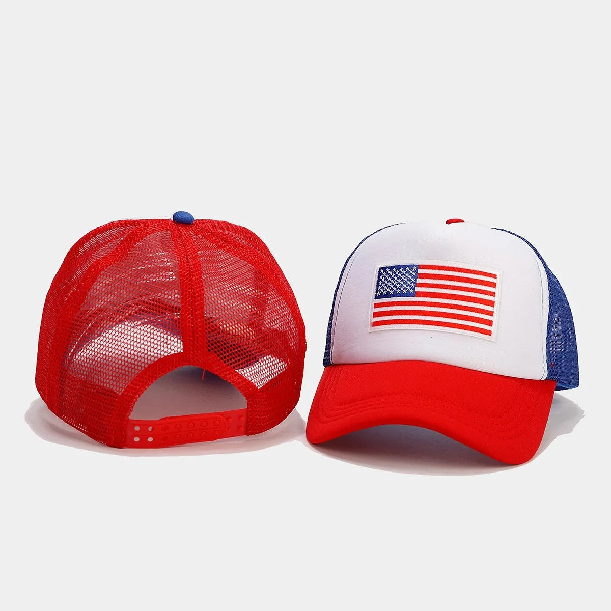 Red and blue contrast mesh baseball cap with adjustable strap on a dome crown.