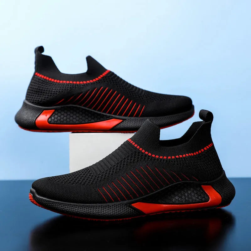 Men's mesh sock shoes with striped design, Flyknit upper, and lace-up front in black colour