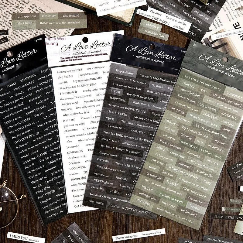 Four ins-style text sticker sheets on Japanese paper, each 90mm by 175mm.