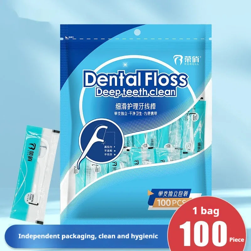 Independently packaged dental floss with 100 single-use packets in portable plastic bag