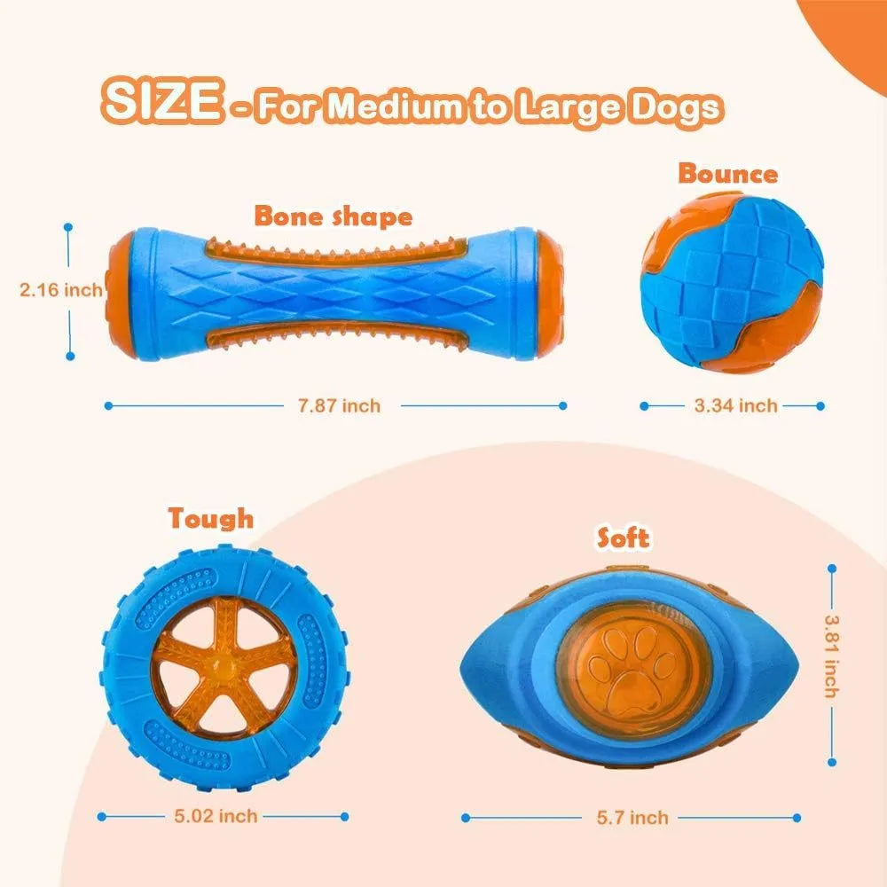 Three TPR floating dog toys: a ball, barbell, and tyre with bumpy textures for water fetch