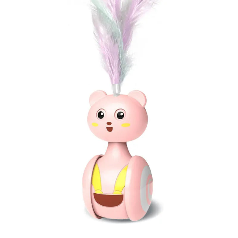 Interactive cat toy with rotating ball and feather wand in pink and blue colour options