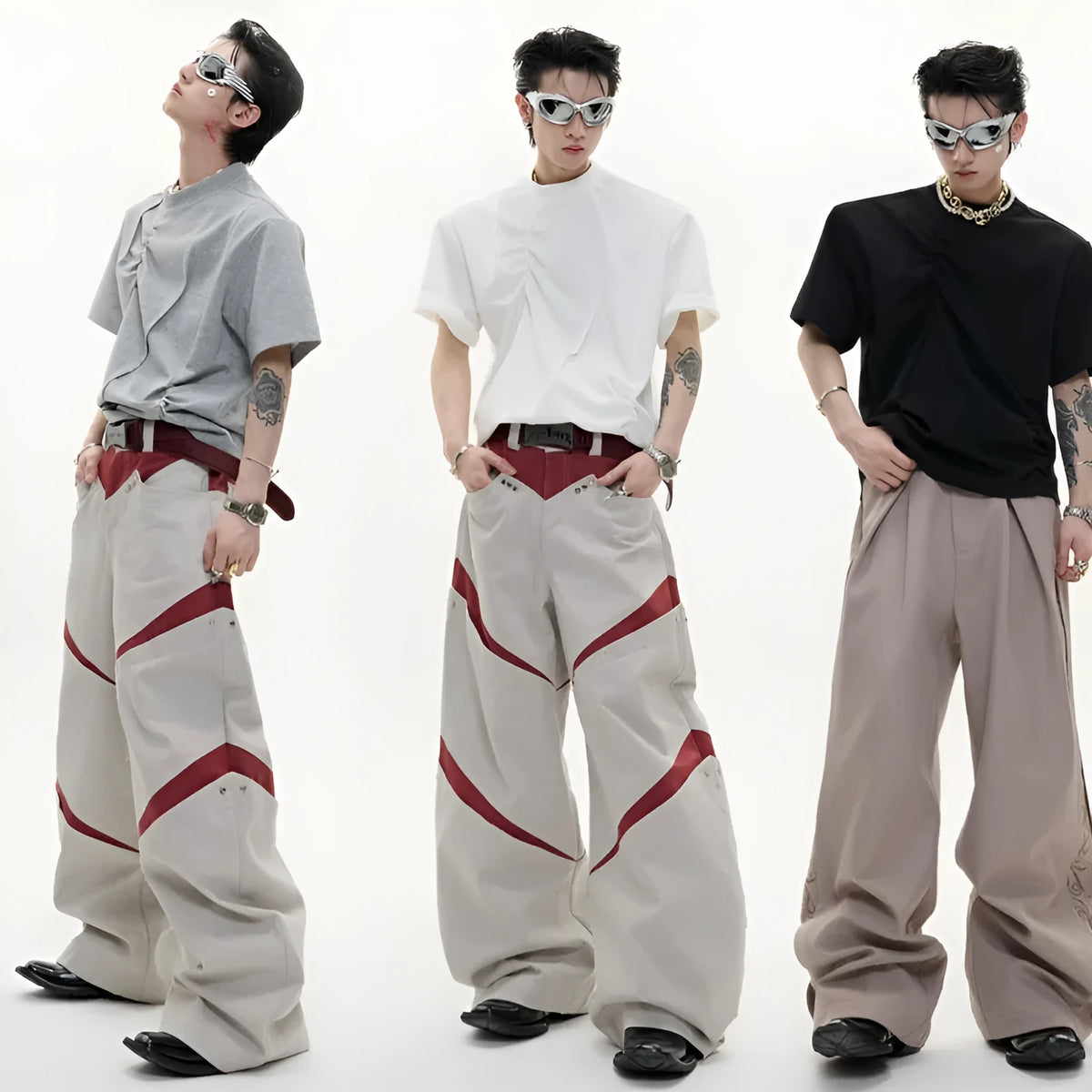 Men's loose-fit cotton T-shirt with three-dimensional pleats and asymmetric stitching in solid colour