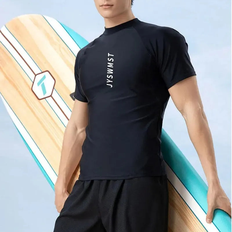 Men's two-piece plus size swimming trunks set in polyester, showing colour options A Suit, B Suit, and C Suit.