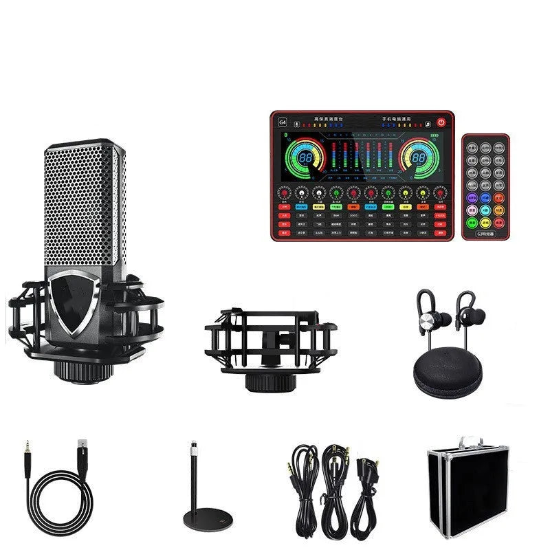 G4 professional audio sound card mixer with colour LCD screen, multiple knobs, and a microphone on a black background.