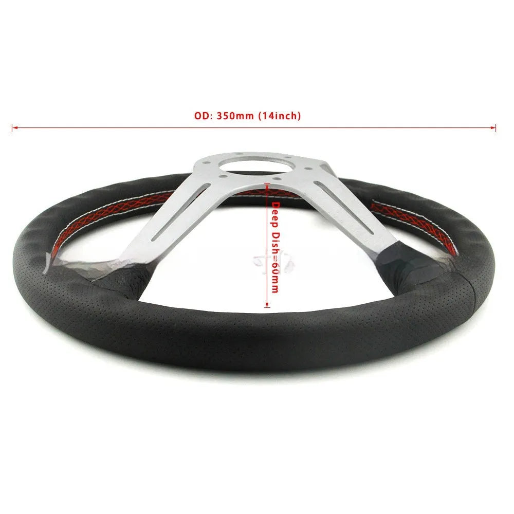 Leather 14-inch steering wheel with concave centre design, black skeleton frame option