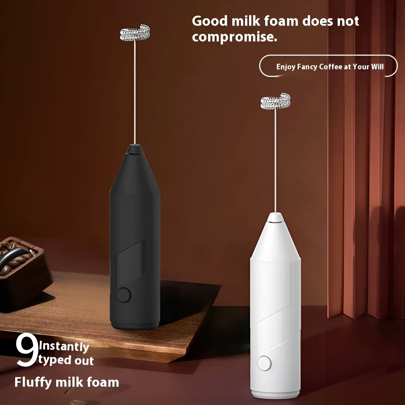 Mini handheld electric milk frother in black, white, or khaki with USB charging port