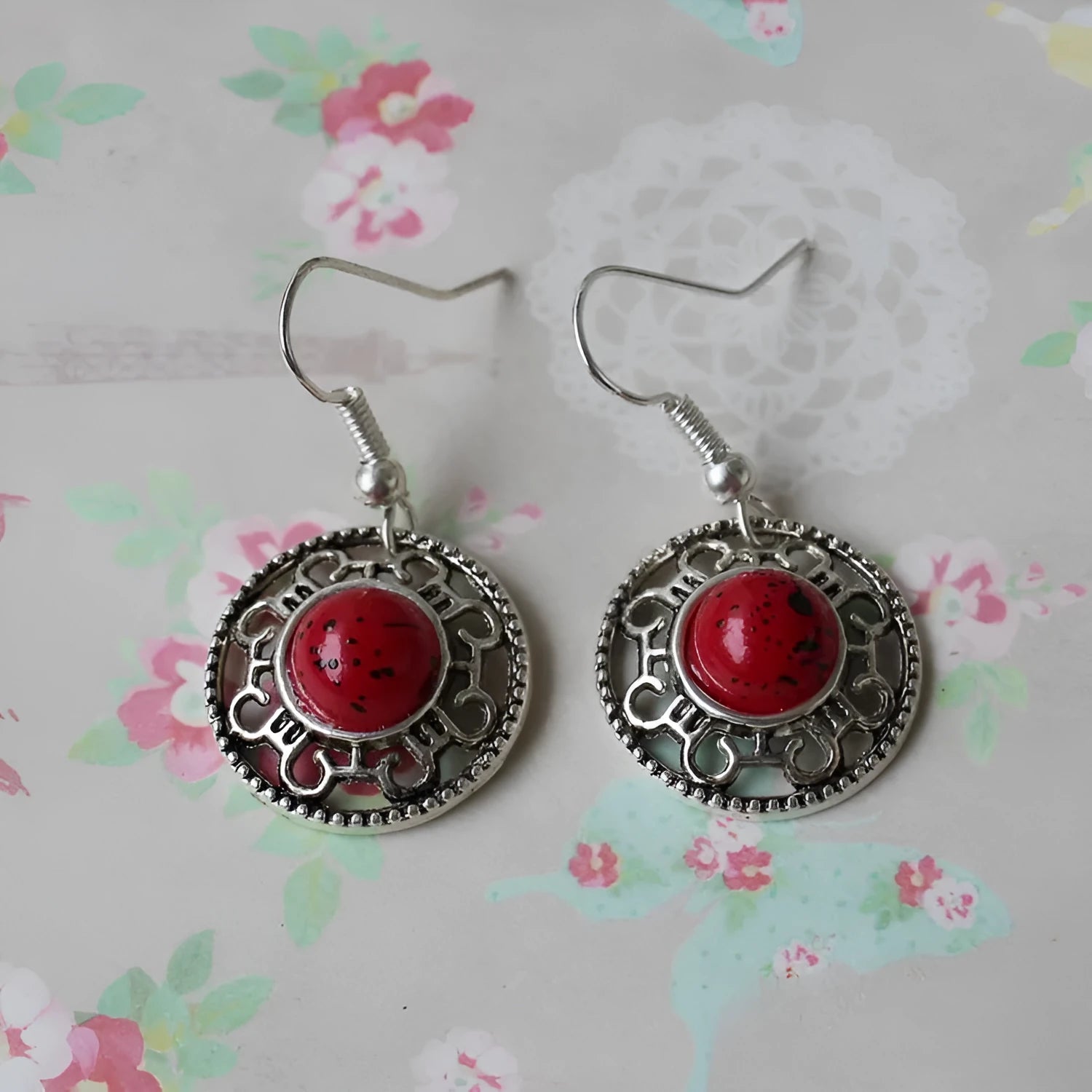 Ethnic Miao silver earrings with turquoise flower disk and geometric auspicious patterns