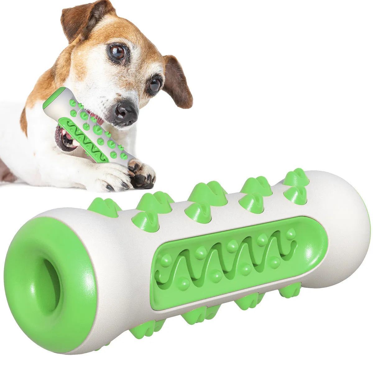 Natural rubber dog toothbrush chew toy in blue colour showing textured dental cleaning surface